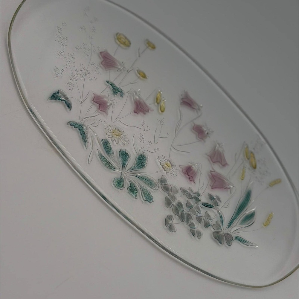 Vintage Peter Terris Glass Cinderella Oval Serving Platter Floral Wildflowers